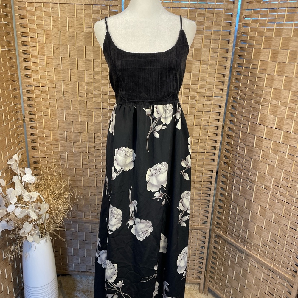 Floral Black and White Maxi Corduroy Dress